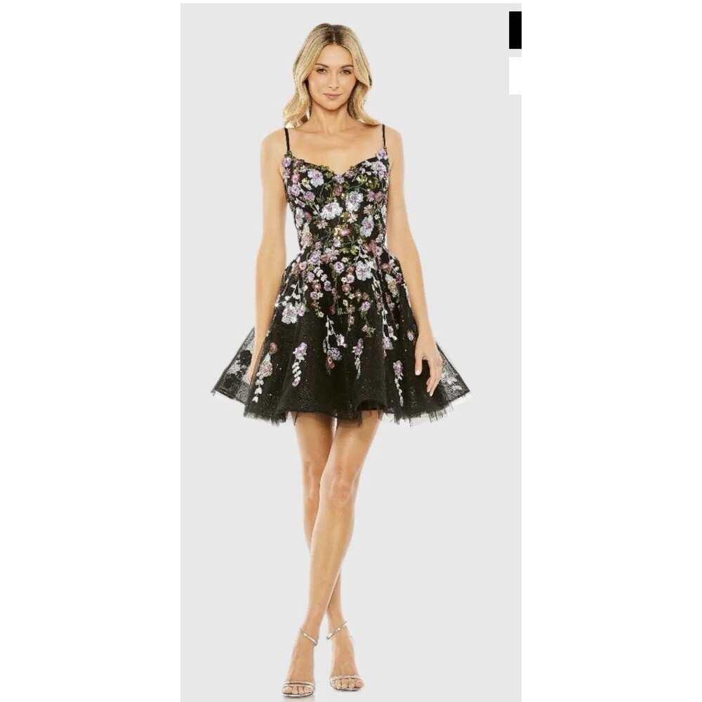 Mac Duggal Black Thin Strap Floral Embroidered Mini Dress With Sequins #20643